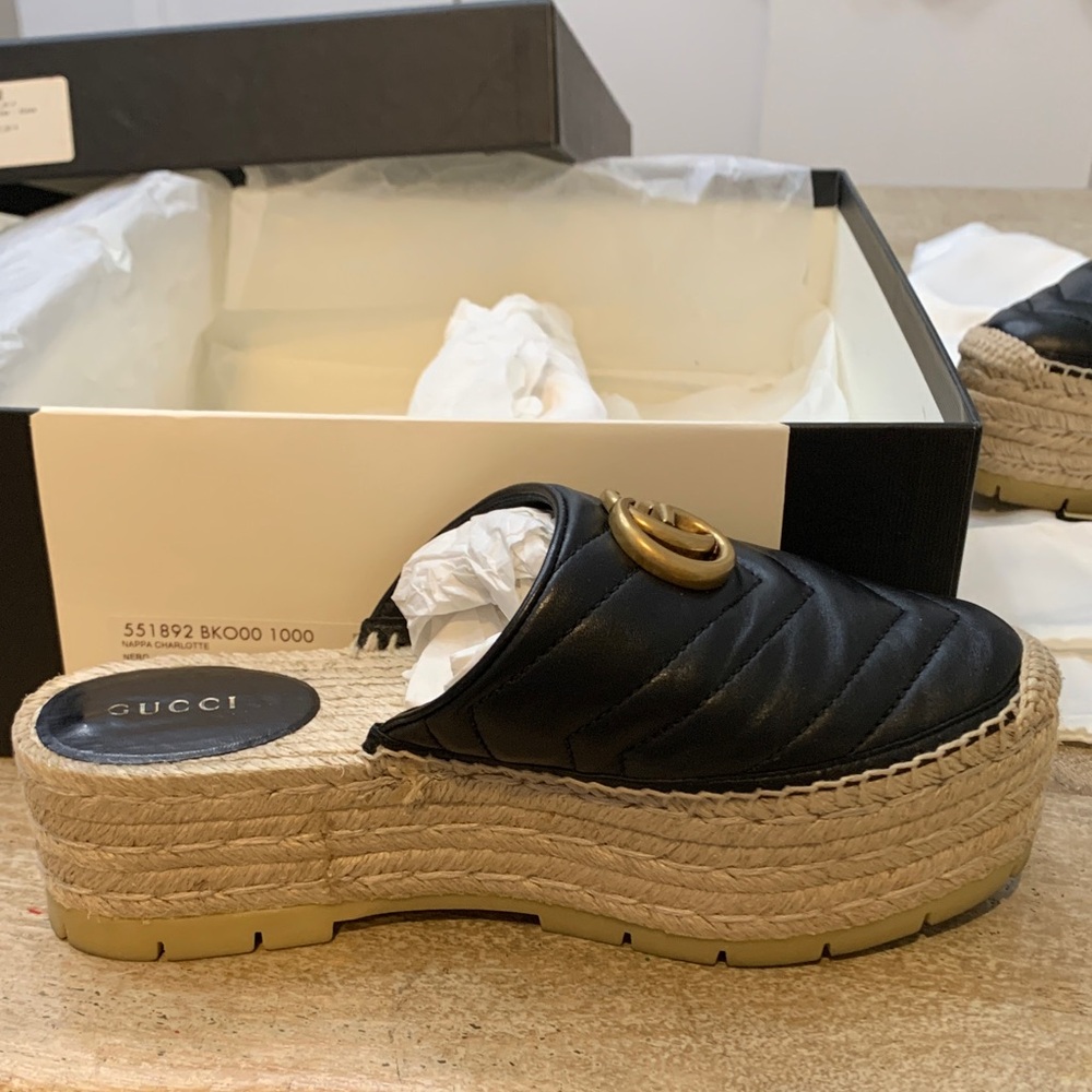 Gucci Black and Gold Espadrille Platform Slides - Picture 9 of 11
